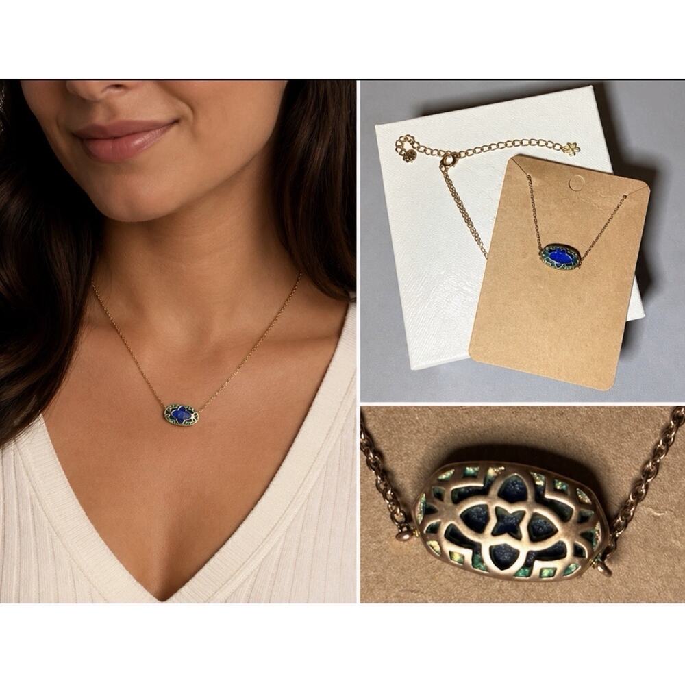 Kendra Scott Elisa Pendant Necklace Blue Stone Green Iridescent Abalone Gold